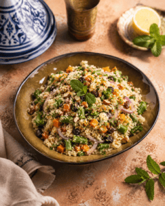 Salade Tangéroise couscoussalade met groenten, rozijnen en amandelen