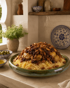 Couscous Tfaya met kip, rozijnen, gekaramelliseerde ui en amandelen