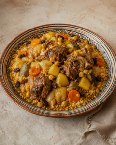 Couscous K’dra met lamsvlees, rozijnen, ui en kikkererwten