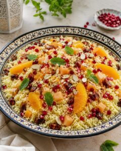 Fruitcouscous met sinaasappel, meloen, granaatappel, dadels en amandelen